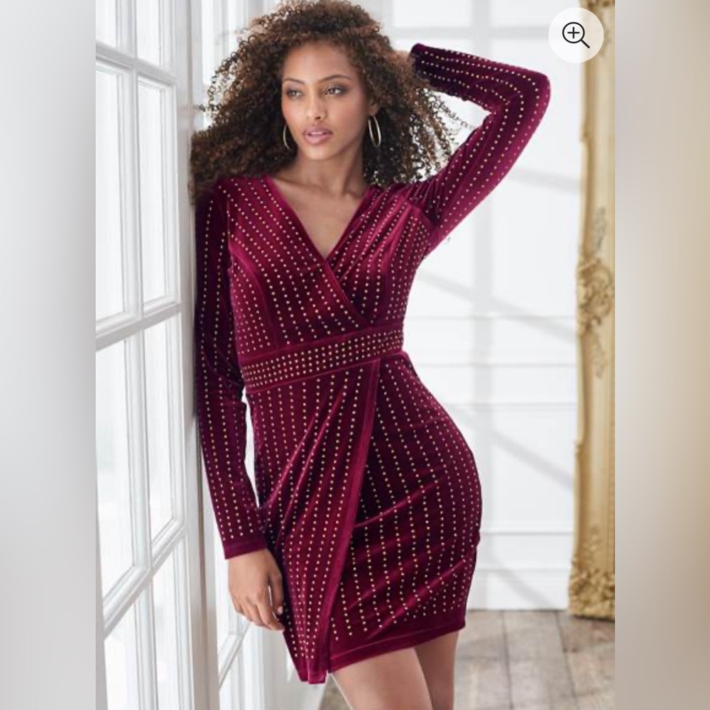 Venus Burgundy Velvet wrap dress with rhinestone accents size L